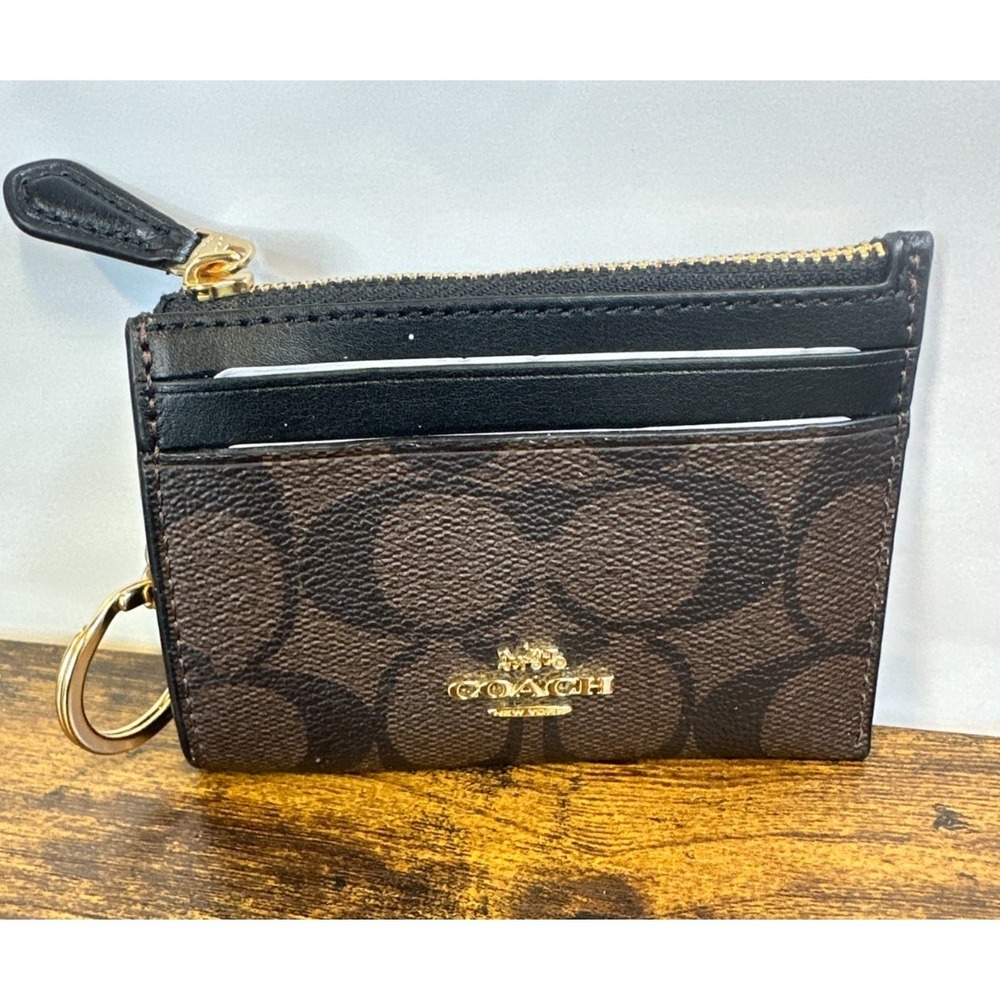 NEW Coach Signature 88208 Mini Skinny Id Case Crossgrain Leather Brown Black - Picture 2 of 9